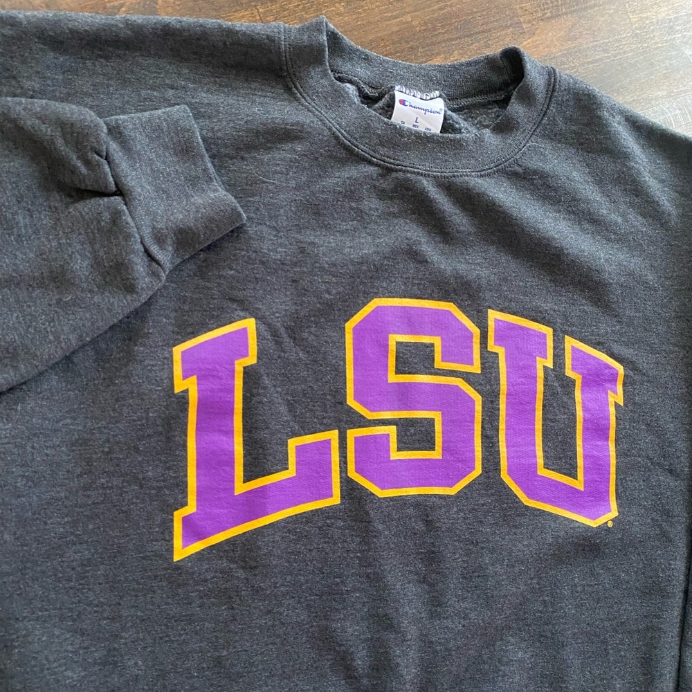 LSU Tigers Champion Fleece Crewneck Pullover L Sweatshirt Adult Gray Purple Gold